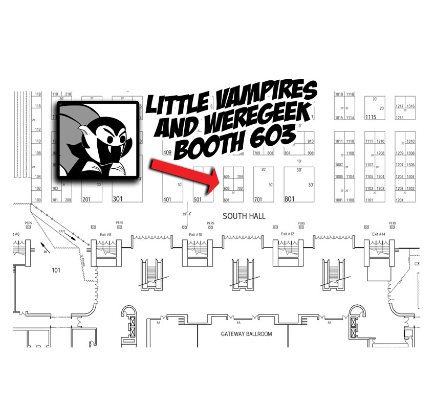 Map of the WonderCon 2011 exhibit floor with the location of the Little Vampires booth highlighted