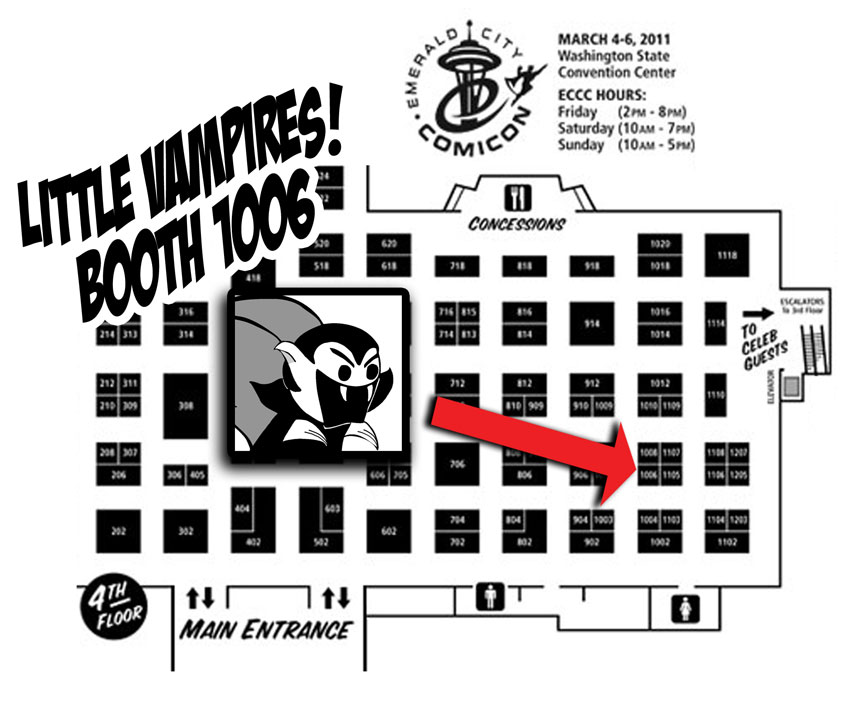 Exhibit floor map of Emerald City Comic Con 2011 with Little Vampires location indicated