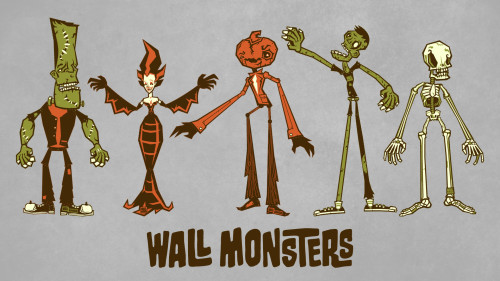 Wall Monsters promotional image, featuring Frankenstein’s monster, bat witch, scarecrow, zombie, and skeleton