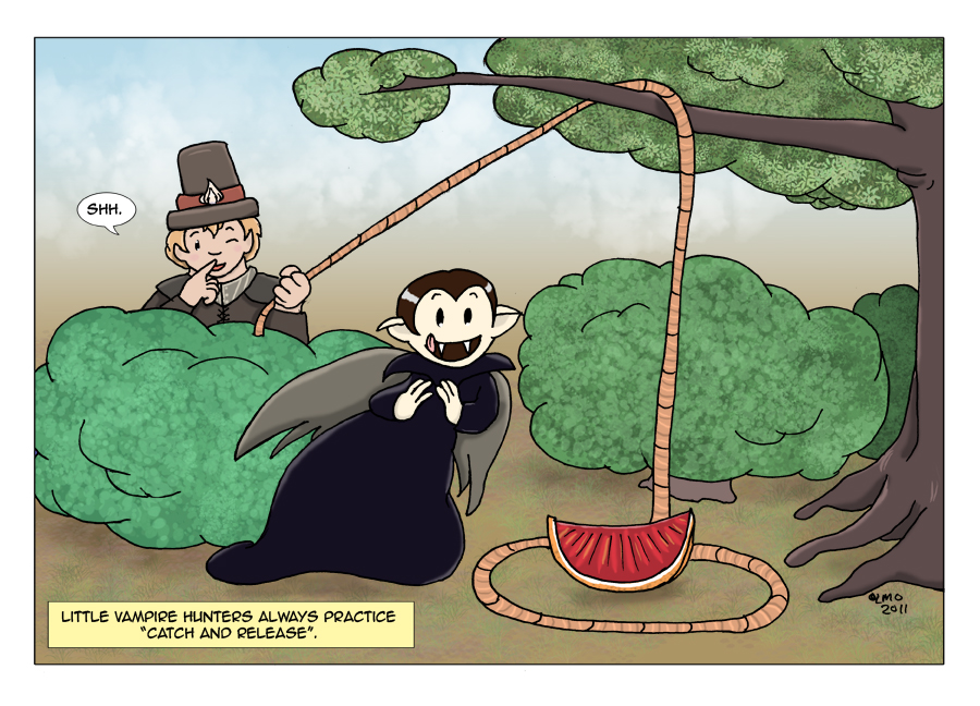 A Little Vampire salivates over a slice of blood orange in the woods. The slice is placed as bait in noose trap and a tall-hat American Pilgrim waits to spring the trap while winking and shushing the viewer. The caption is “Little Vampire hunters always practice ‘catch and release’.