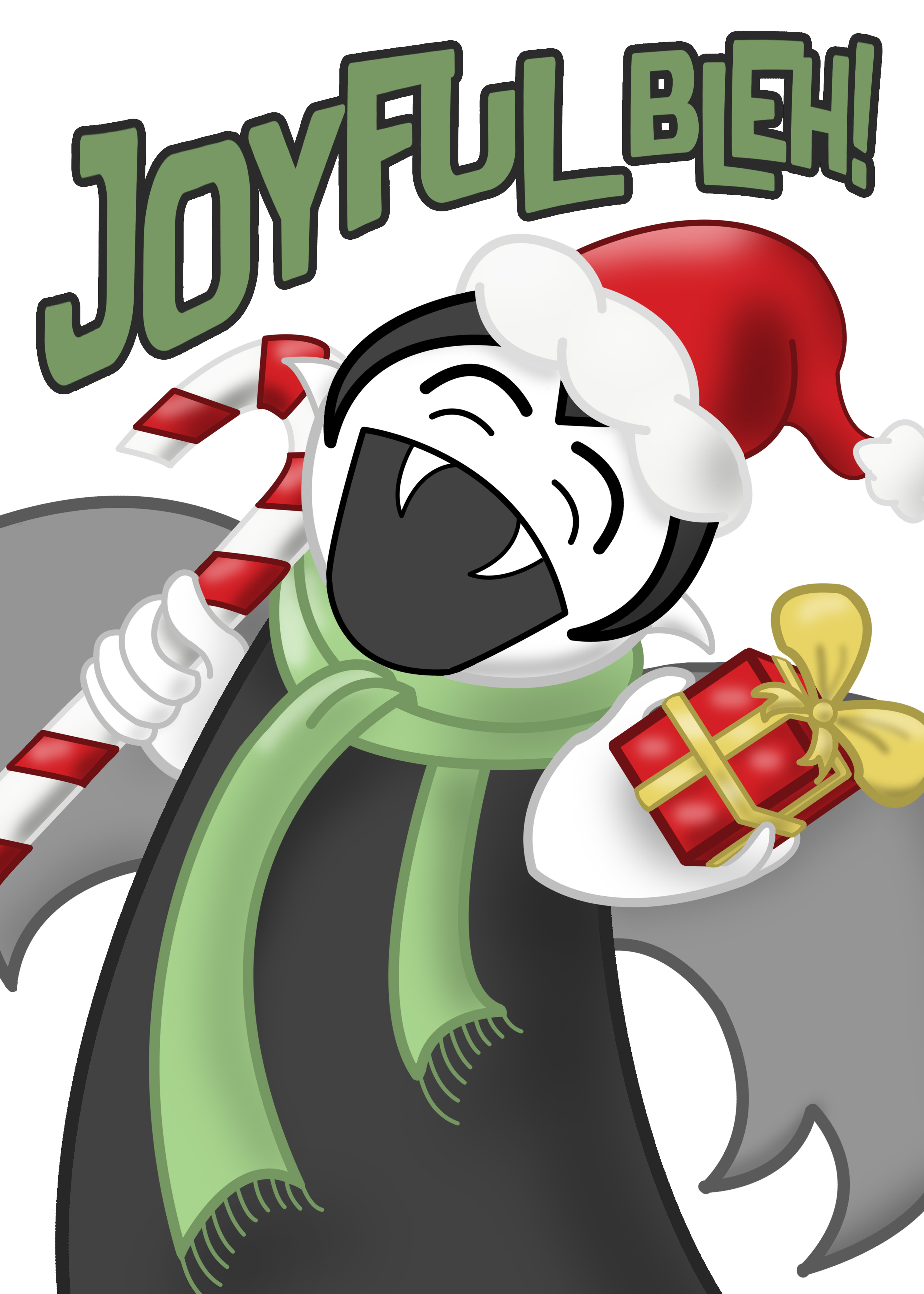 A Little Vampire exclaims “Joyful BLEH!” His is dressed in a red Santa hat and a green scarf, and holds a candy cane and a wrapped Christmas present.