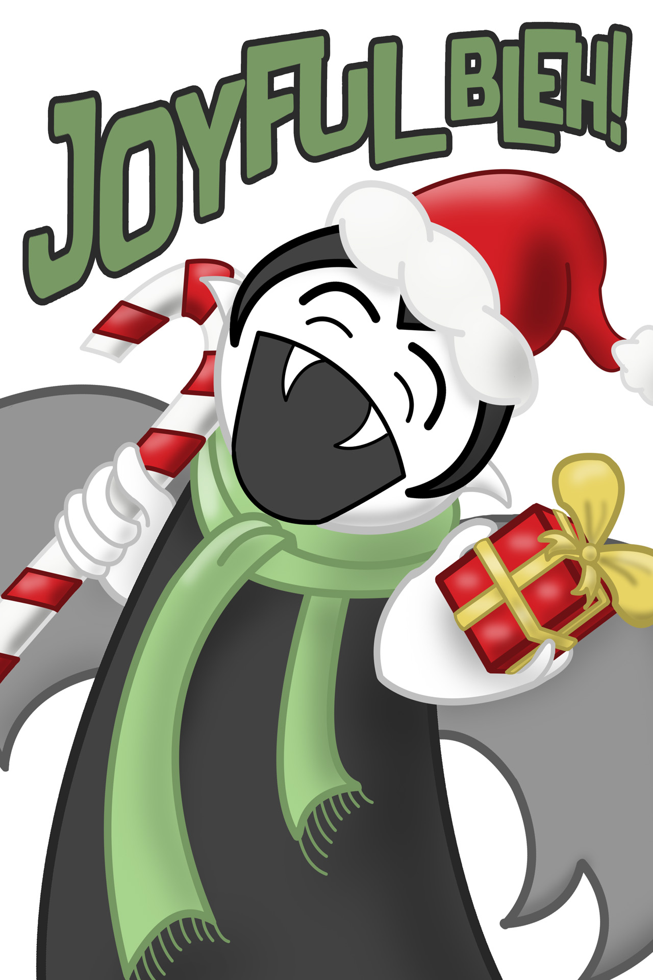 A Little Vampire exclaims “Joyful BLEH!” His is dressed in a red Santa hat and a green scarf, and holds a candy cane and a wrapped Christmas present.