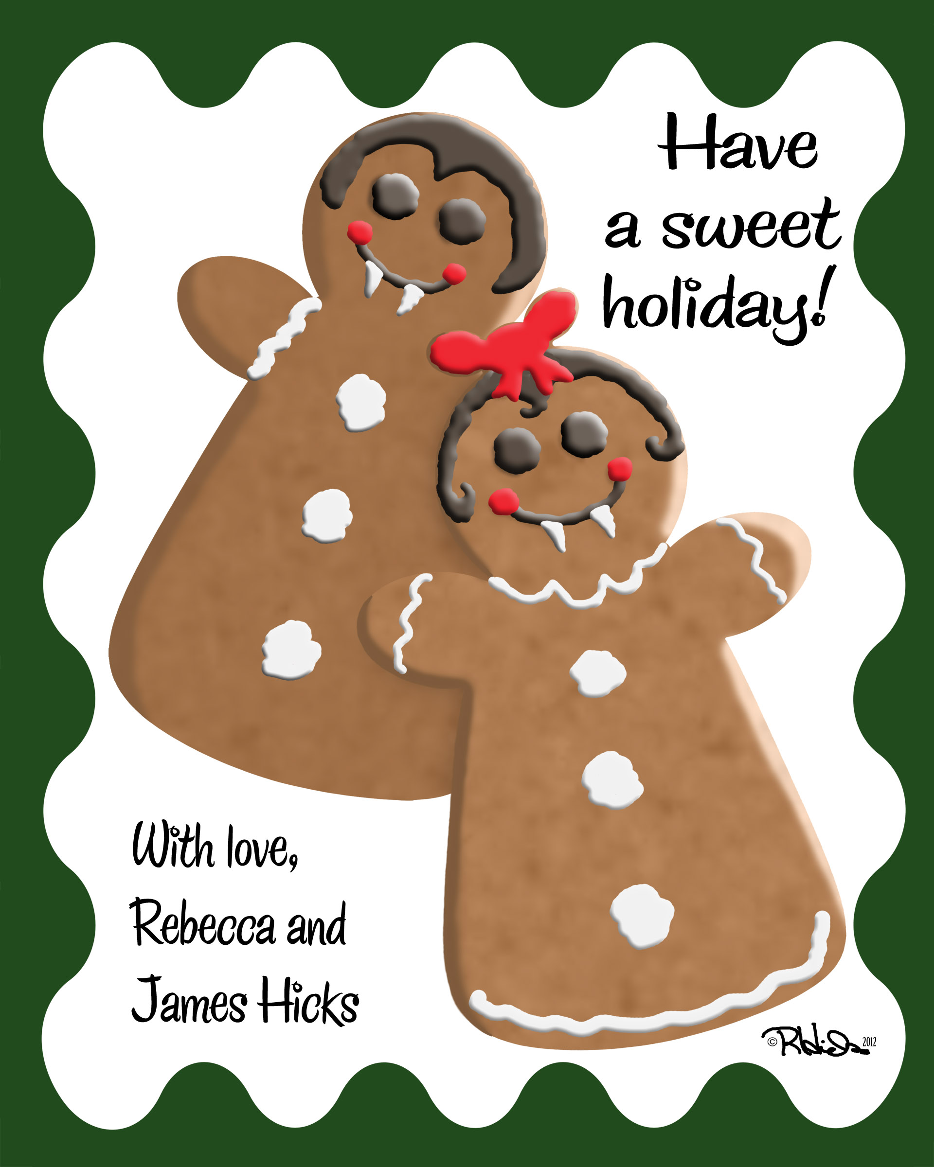 Holiday card image featuring two Little Vampire gingerbread people and captioned “Have a sweet holiday! With love, Rebecca and James Hicks