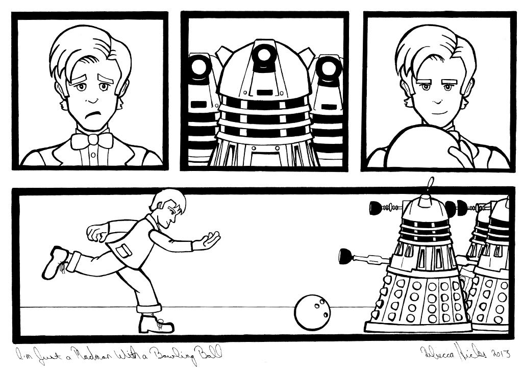 Comic strip featuring the 11th Doctor bowling at an arrangement of Daleks