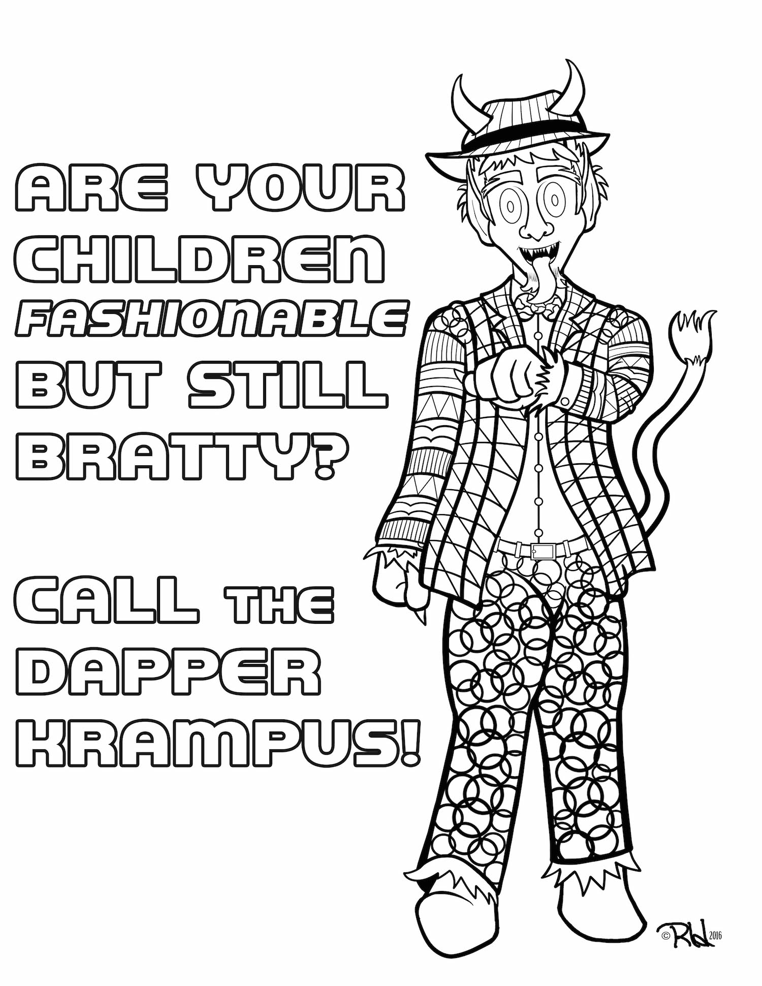 Coloring book page featuring a Krampus in a wildly-patterned suit with the text “Are your children fashionable but still bratty? Call the dapper krampus!
